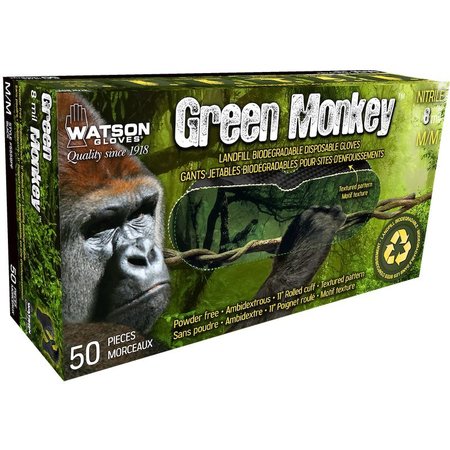 WATSON GLOVES Green Monkey, Nitrile Disposable Gloves, 8 mil Palm, Biodegradable Nitrile, Powder-Free, L, 50 PK 5558PF-L